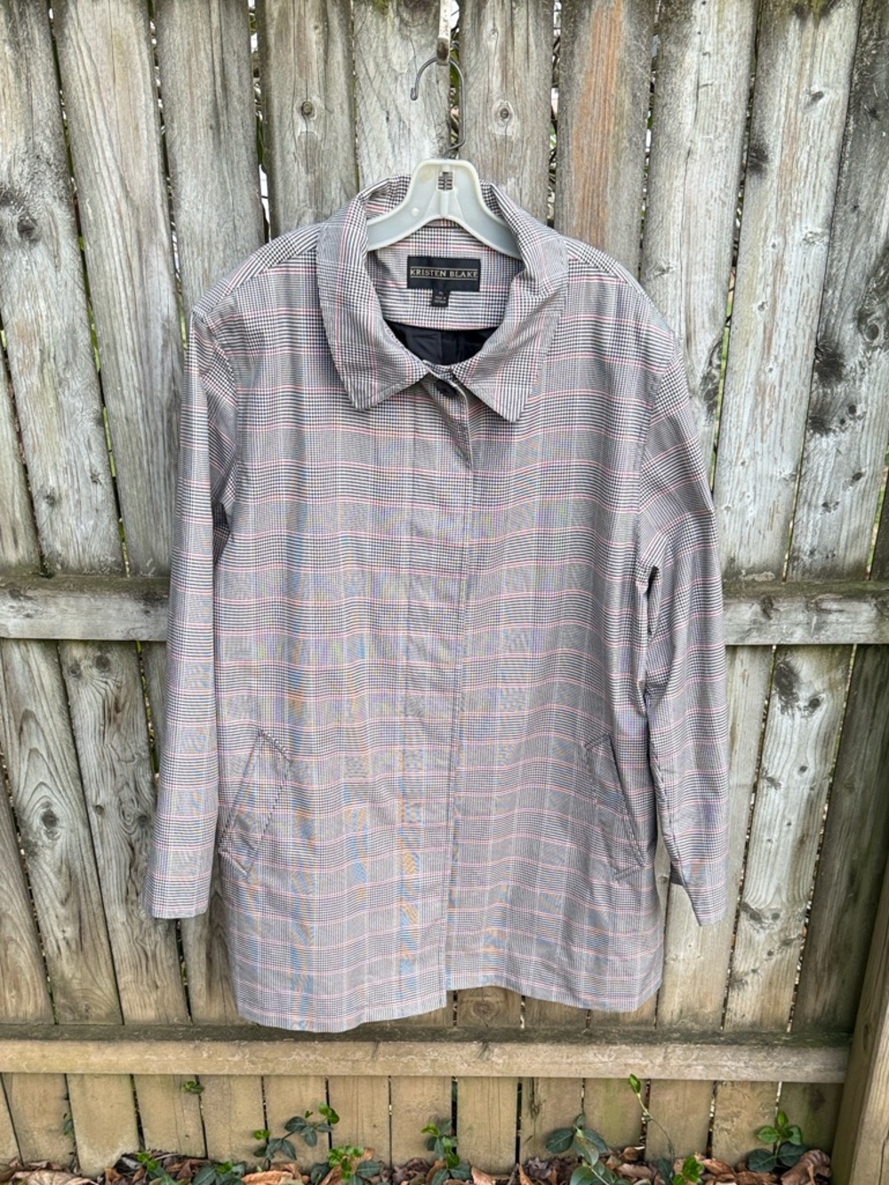 Kristen Blake Plaid Trench Coat  lightweight collar pockets Glen check ? VTG XL